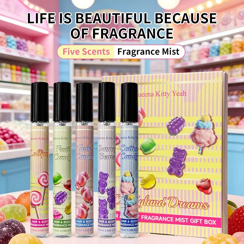 Queena Kitty 5-Pack 10ML Fabric & Air Freshener Spray Scented Mist, 5 Sweet Candy Scents, Long-Lasting Fragrance, Odor Eliminator for Clothes, Hair & Home