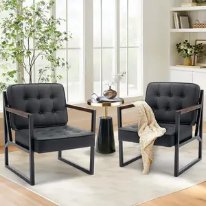 Mid Century Modern Accent Chair Set of 2, Comfy Living Room Chair, Black Leather Accent Chair, Faux Leather Reception Armchair with Metal Legs for Living Room Bedroom Reception Office, Black