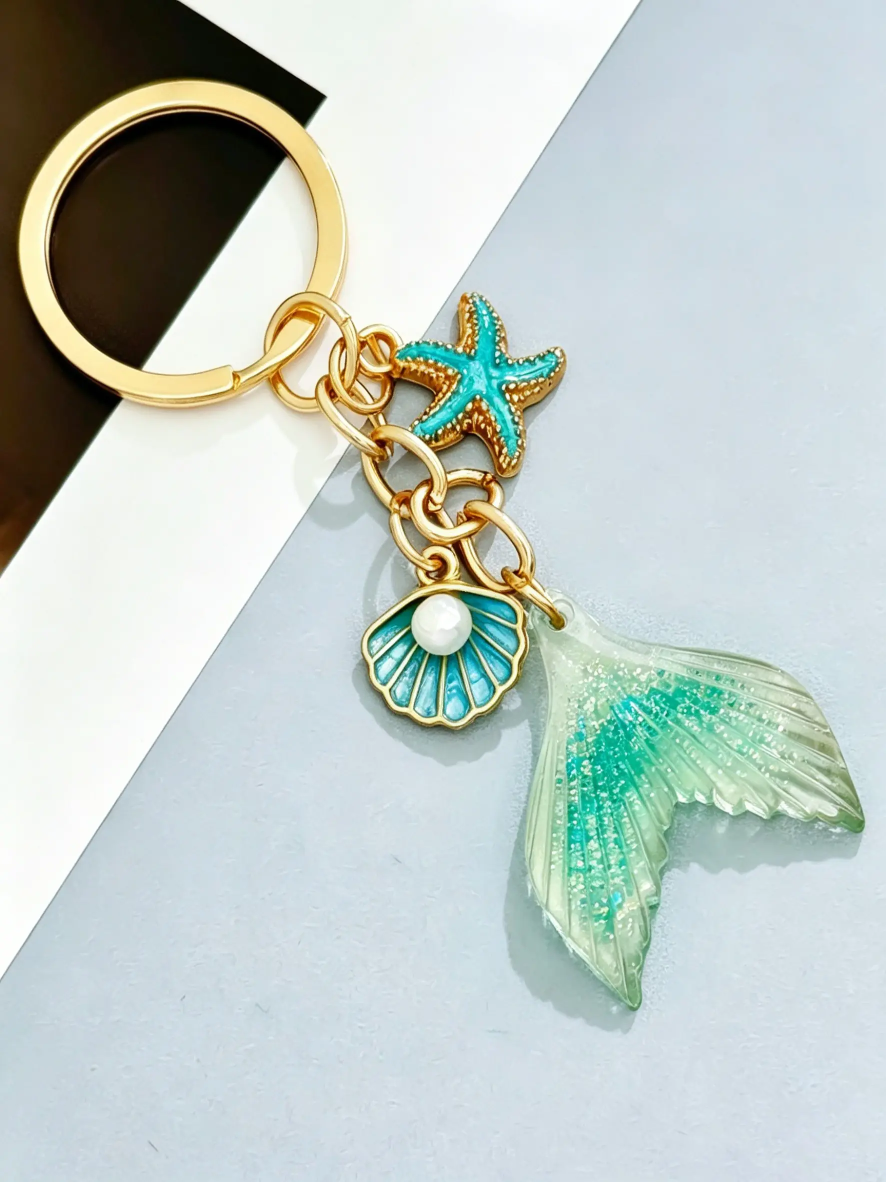 Bag Charm Mermaid Tail Keychain Glitter Gradient Seashell & Starfish Charm Seaside Vacation Style Fresh, Nature-Inspired Accessories For The Girly-At-Heart For Bags, Keys, And Earphone Cases