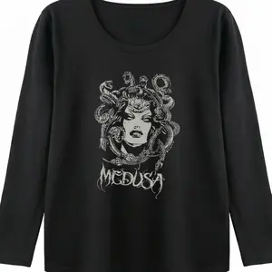 Women's Medusa Monster Print Shirt, a Gift for Retro Fashion Lovers, Classic Long-Sleeved Casual Top Round Neck Summer Womenswear Womenswear