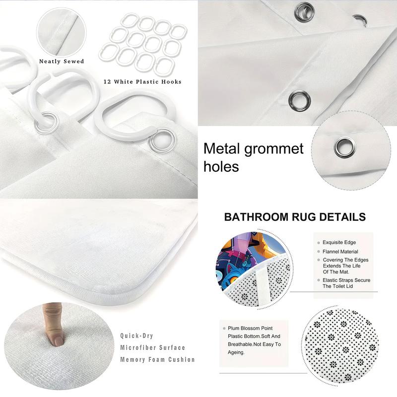 K-POP Demon Hunters Bathroom Set, Shower Curtain with Hooks, Non-Slip Bath Rug, U-Shaped Toilet Mat, Toilet Lid Cover, Bathroom Decoration Accessories