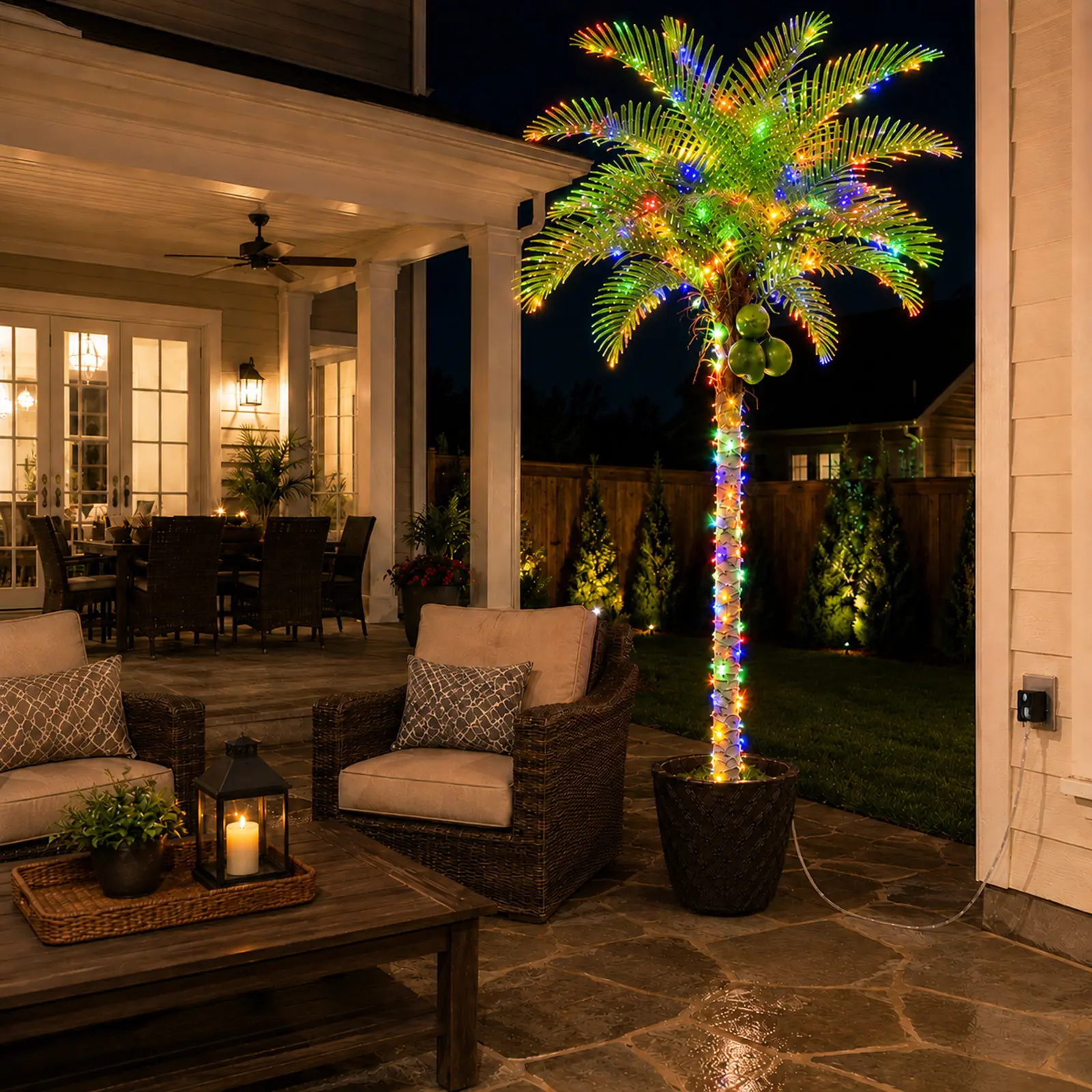 7ft / 8ft Lighted Palm Tree UV Resistant with Pre-Wrapped Multicolor String Lights & Coconut Fruits, 96in Light Up Palm Tree Artificial, Faux Palm Coconut Tree for Poolside Patio Backyard Decor