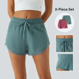 Halara 2-Piece Mid Rise Drawstring Contrast Mesh Dolphin 2-in-1 Flowy Running Shorts 3'' Set