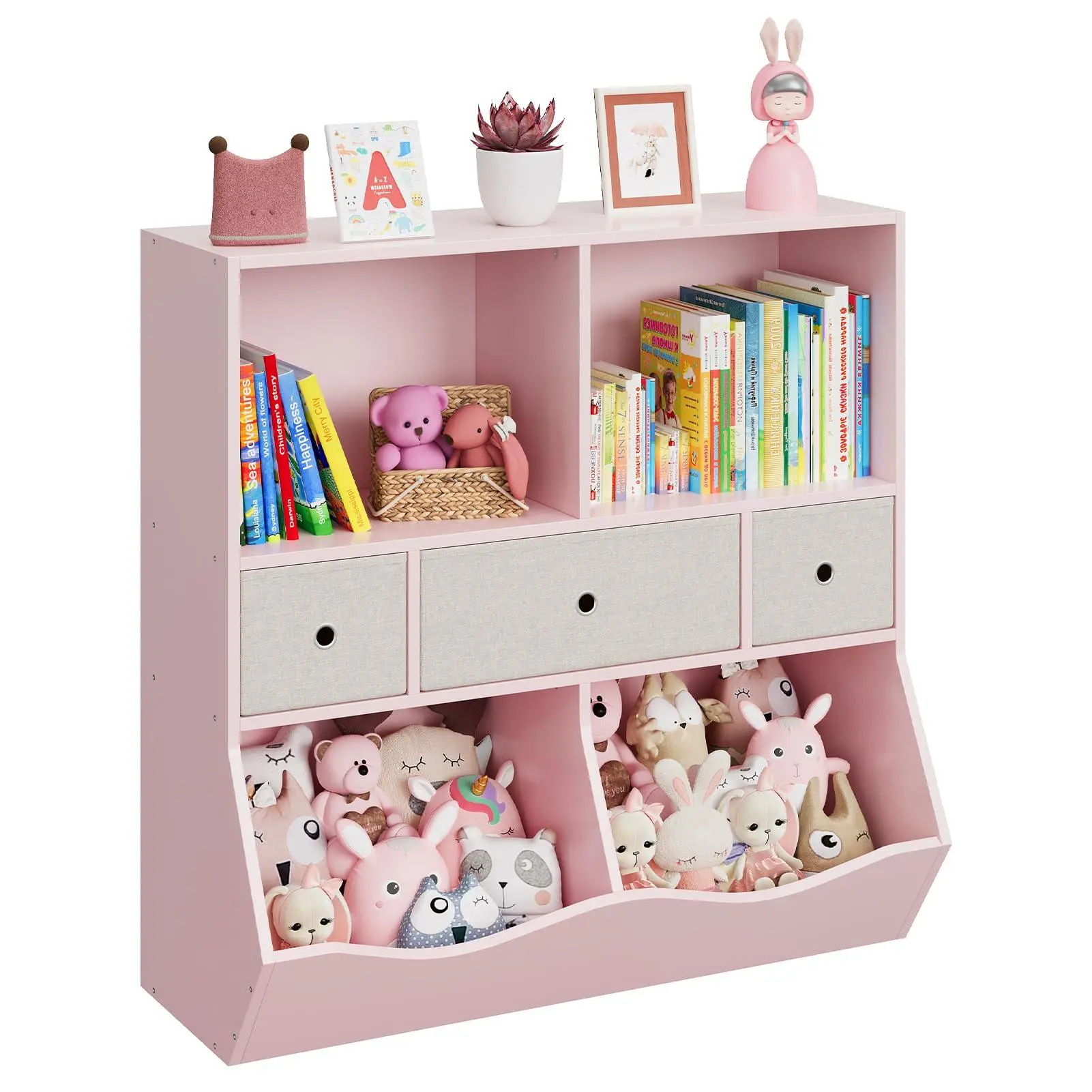 Kids Toy Storage Organizer Children Small Bookcase and Bookshelf 7 Cubby Cabinet for Hallway Playroom Living Room School