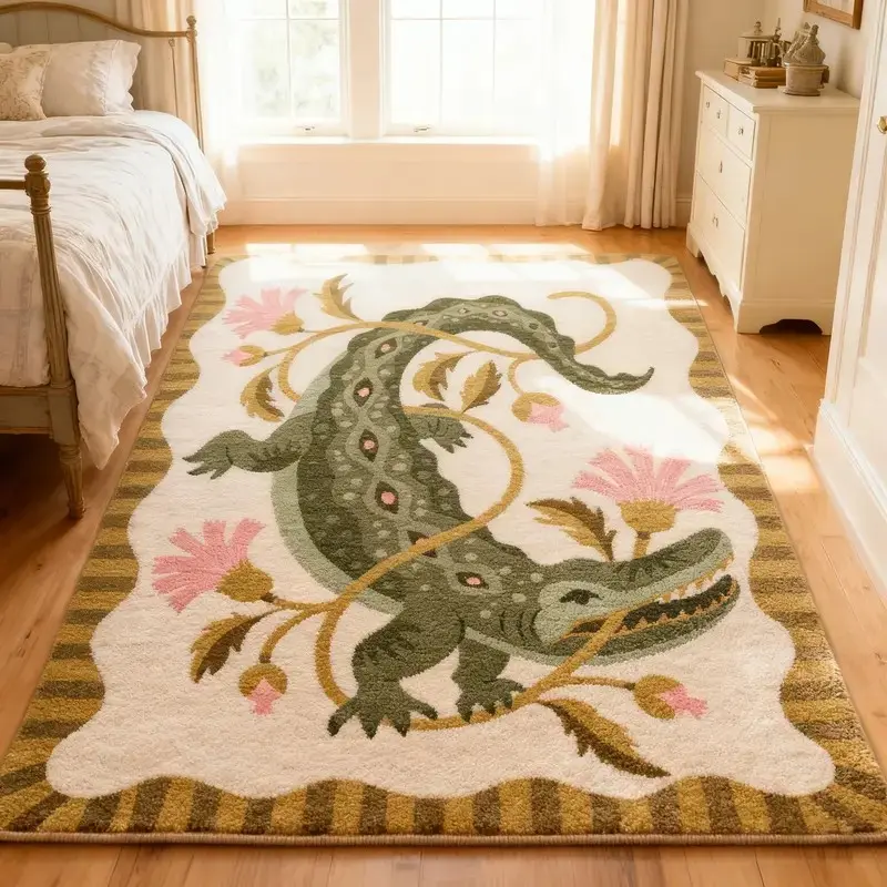 Adorable Cartoon Floral Crocodile Rug, Animal Printed Rug, Fashion Vintage Living Room Carpet, Plush Bedroom Mat, Home Decor Rugs, Decorative Rug, Suitable for Lounge, Balcony, Bathroom