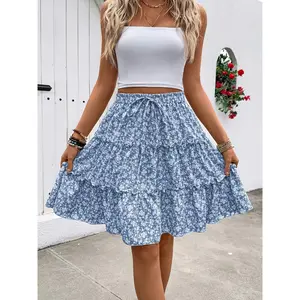 Women'S Fashion Spring Summer Floral Ruffled A-Line Pleated Skirt, Suitable for Beach Casual Vacation Outing