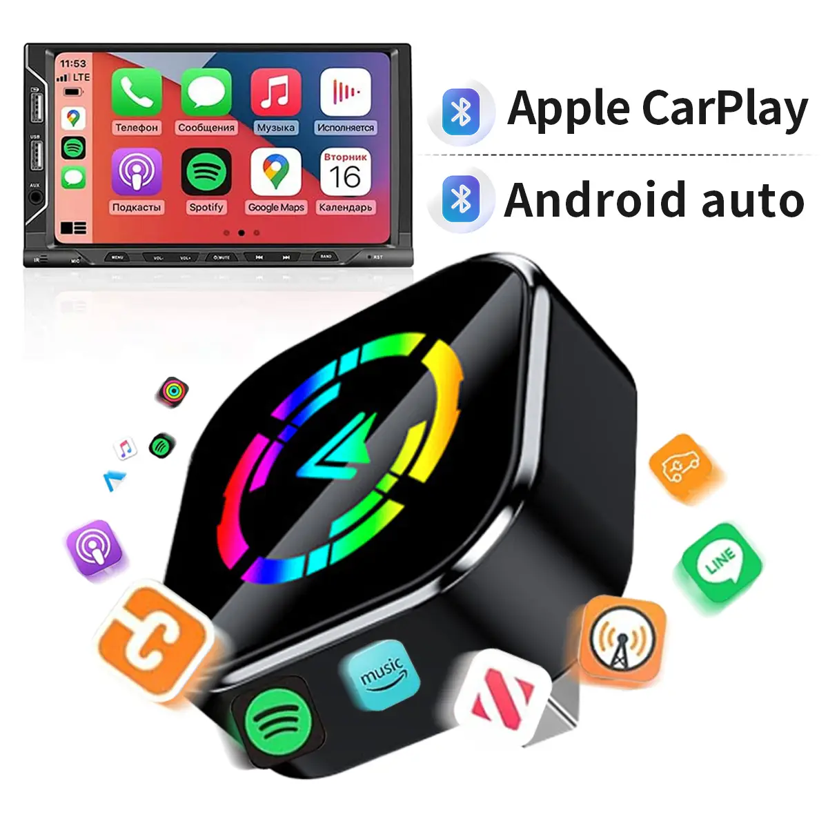 Apple CarPlay & Android Auto Wireless Adapter 2-in-1 for Wired to Wireless Conversion Stable 2.4/5GHz WiFi 5.0 Bluetooth 800+ Vehicle Models Compatibl