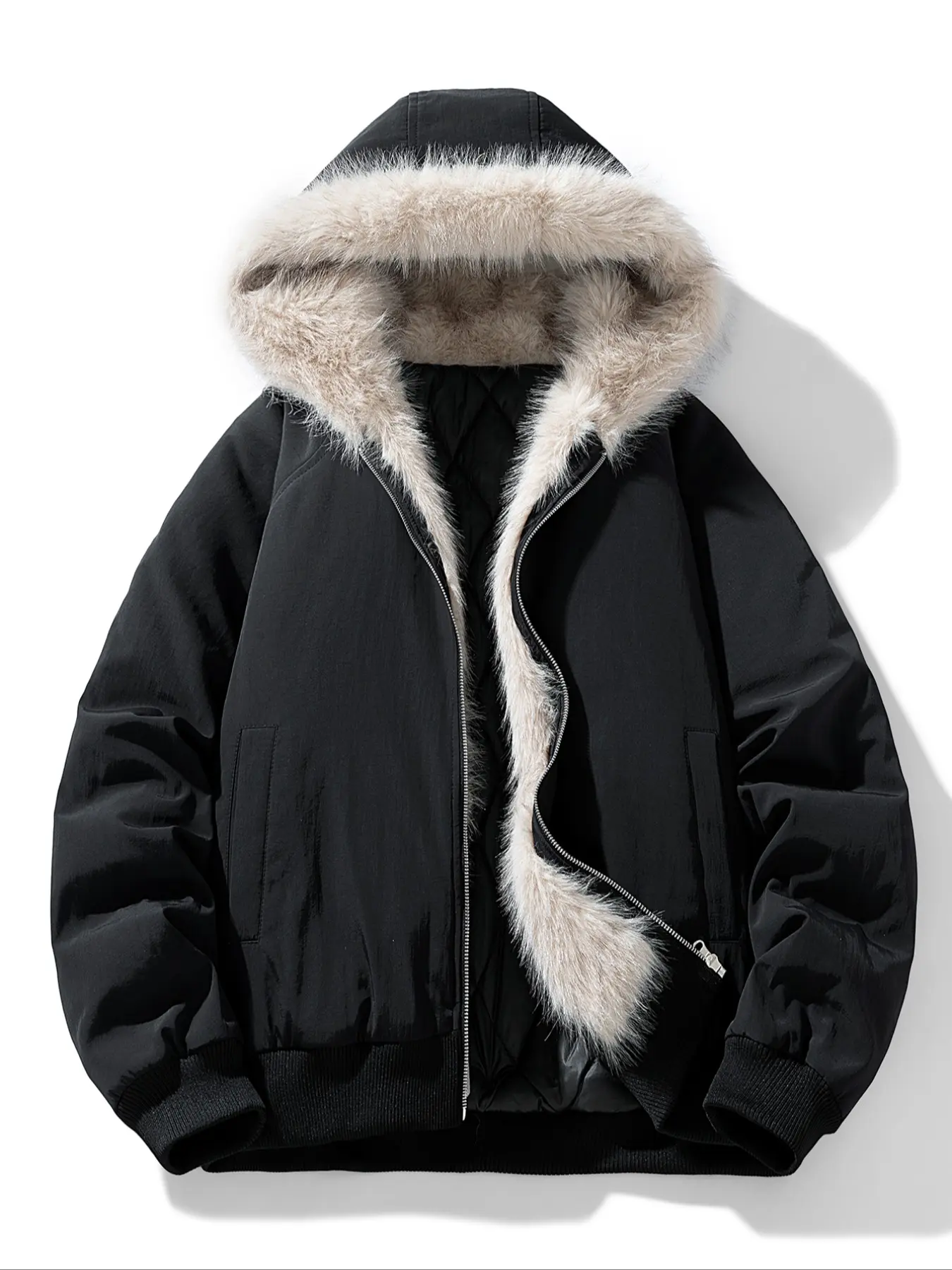 Men's Hooded Puff Coat with Fur Collar, Loose-Fitting Thick Warm Winter Jacket, Casual Colorblock Style for Fall & Winter
