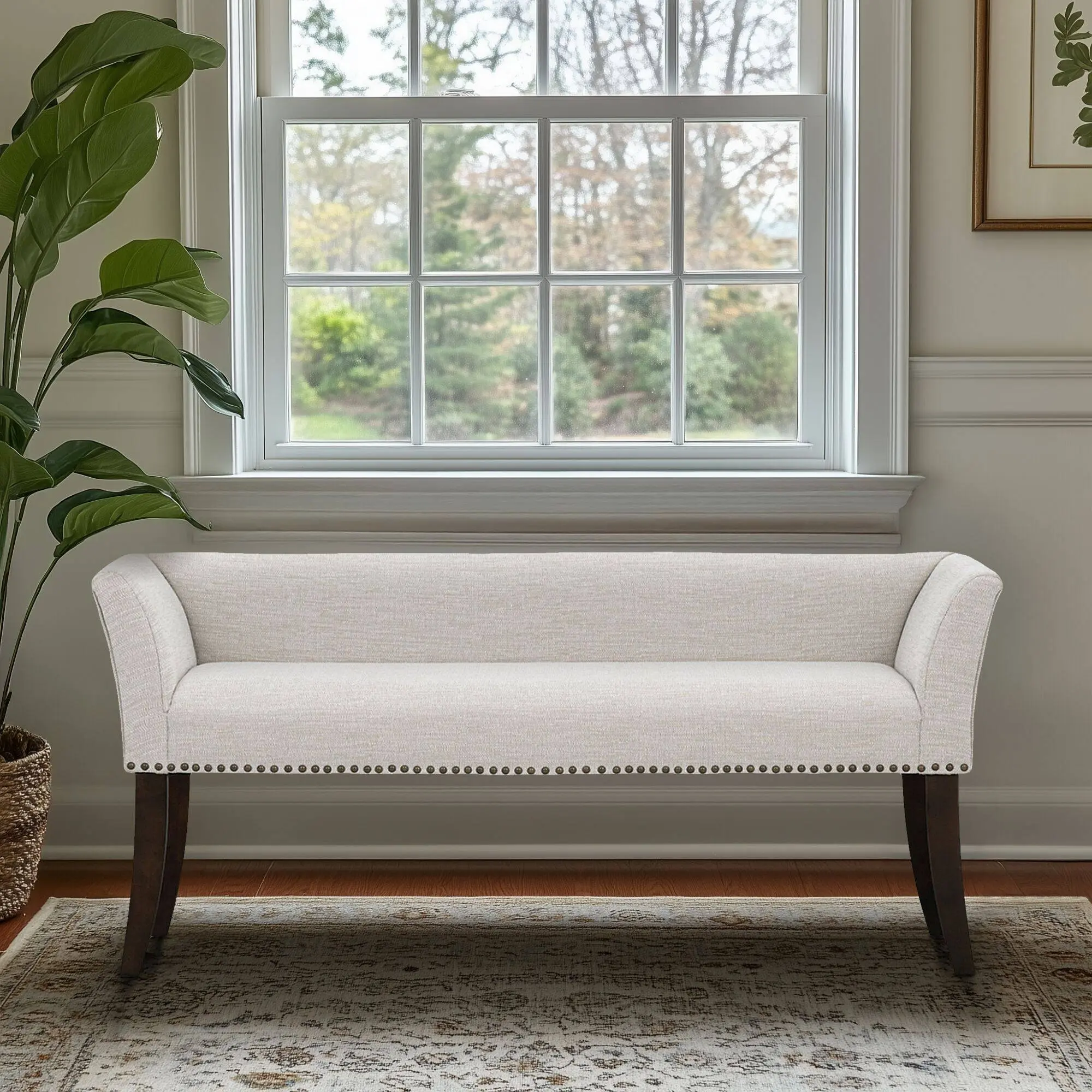 Cream Upholstered Storage Bench with Tufted Seat and Wood Legs, 43.3"L x 15.7"W x 18.9"H, Hidden Compartment for Entryway or Bedroom