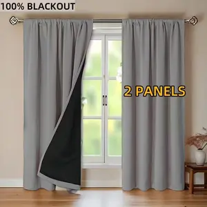 2pc Piece 100% Blackout Plain Rod Pocket Curtains, Coated Lining, Suitable for Living Room, Office, Bedroom, Christmas Decor, Modern Romantic Style