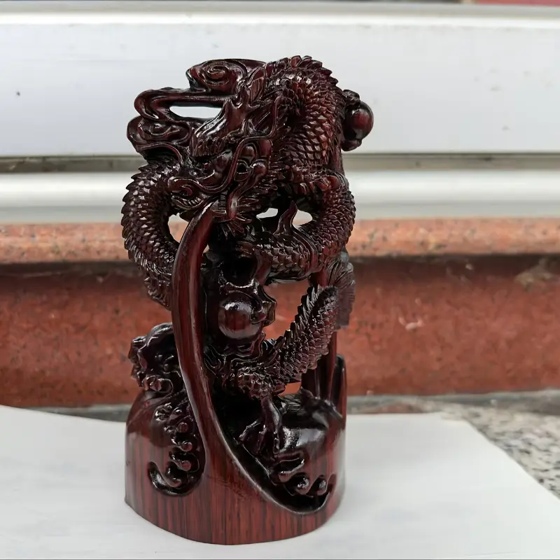 Intricate Reddish-Brown Rosewood Dragon Sculpture - Exquisite Handcrafted Chinese Zodiac Symbolism for Prosperity & Style - Ideal for Home & Office Decor, Perfect Gift for Fortune and Good Luck, Feng Shui Decoration