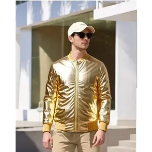 Men's Metallic Bomber Jacket 70s Disco Varsity Zip-up Casual Nightclub Coat - Slim Fit, Rib-banded Collar, Cuff & Hem, Eye-catching Design(Sheet)