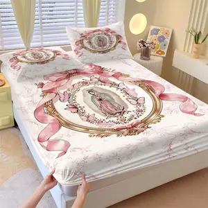 3-Piece Our Lady of Guadalupe Fitted Sheet Set, Pink Bow Coquette Style Religious Bedding, 1 Fitted Sheet + 2 Pillowcases, Soft Breathable Deep Pocket Mattress Cover, Wrinkle Resistant All Season Bed Sheets for Adults Bedroom Dorm