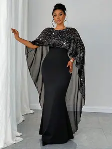 [Plus Size] Contrast Sequin Cloak Sleeve Slim Aesthetic Dress, Elegant Fashion Round Neck Formal Evening Party Gown, Women's Plus Clothing for Evening Party, Womenswear