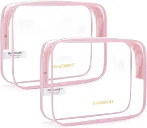 Clear TSA Approved Toiletry Bag 2 Pack – Quart Size Travel Cosmetic Case, Water-Resistant Carry-On Makeup Bag, Pink