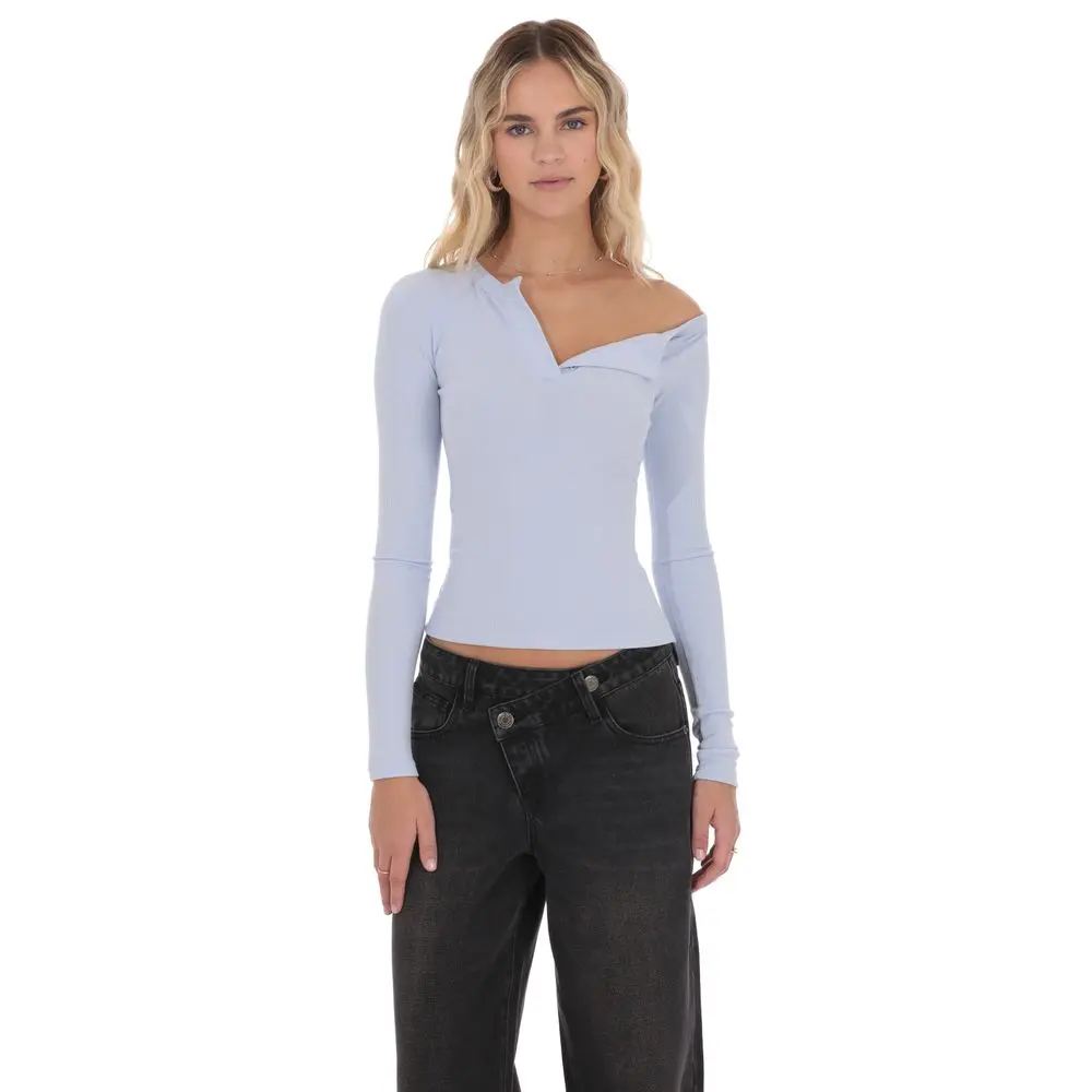 Off Shoulder Henley Top in Light Blue