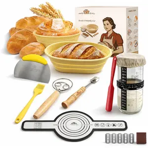 Sourdough Bread Proofing Basket Set - 7- Complete Sourdough Starter Kit with 9" Round & 10" Oval Non-Stick Bannetons, Bread Lame, Danish Dough Whisk, Bench Scraper &  Mat