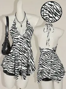 SHEIN ICON Women's Summer Zebra Print Ruffled Hem Sexy Halter Neck Tank Top