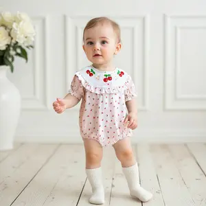 Baby Girl Bubble Romper Smocked Clothes Summer Short Sleeve Round Neck Cherry Embroidery Bodysuit Newborn Playsuit