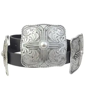 Women's Genuine Leather Western Buckle Belt with Decorative Buckle and Adjustable Strap