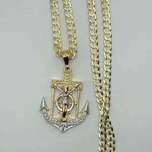 Anchor with Christ On The Cross Cuban Chain Gold Plated 24 Inch Oro Laminado Necklace Tricolor-Jesus Es Mi Ancla