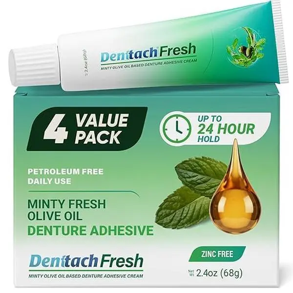 Denttach Fresh Denture Adhesive with Invigorating Mint Flavor, Petroleum Free Olive Oil Based Denture Cream for Full and Partial Dentures, All Day Hold Denture Glue, Zinc Free, 2.4 Ounce(4 PACK)