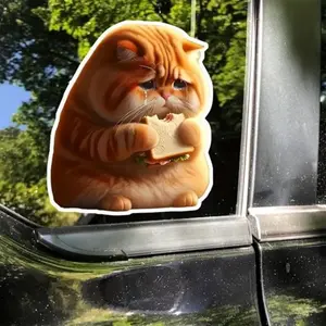 Rt273 2D Cat Sticker, Cute Ginger Cat Eating Bread Vinyl Sticker, Waterproof Durable PVC, Cartoon Design, for Car, Laptop, 4.33"x5.12"