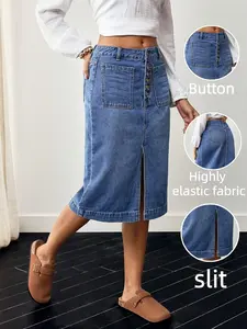 25AW Split Design, Relaxed Softness of Zippered Denim Skirt - Fashionable Casual Womenswear Denim Skirt for Lazy Commuting Split Hem Skirt