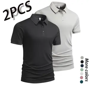 Men’s versatile two-pack short-sleeve polo shirts in a business-casual style, made from breathable, quick-drying fabric that stays cool and wicks away sweat. Featuring a classic turn-down collar for an elevated look, a refined button placket, and a slim f