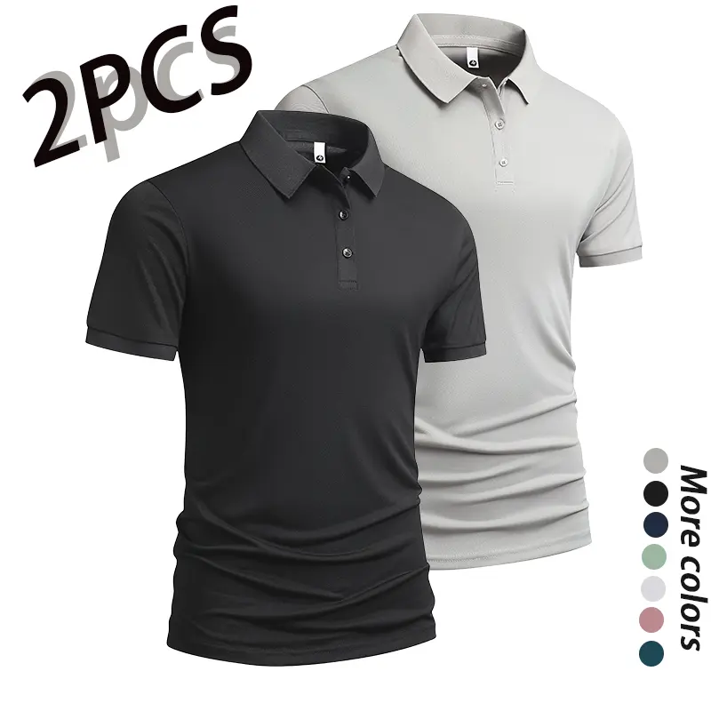Men’s versatile two pack short sleeve polo shirts in a business casual style, made from breathable, quick drying fabric that stays cool and wicks away sweat. Featuring a classic turn down collar for an elevated look, a refined button placket, and a slim f