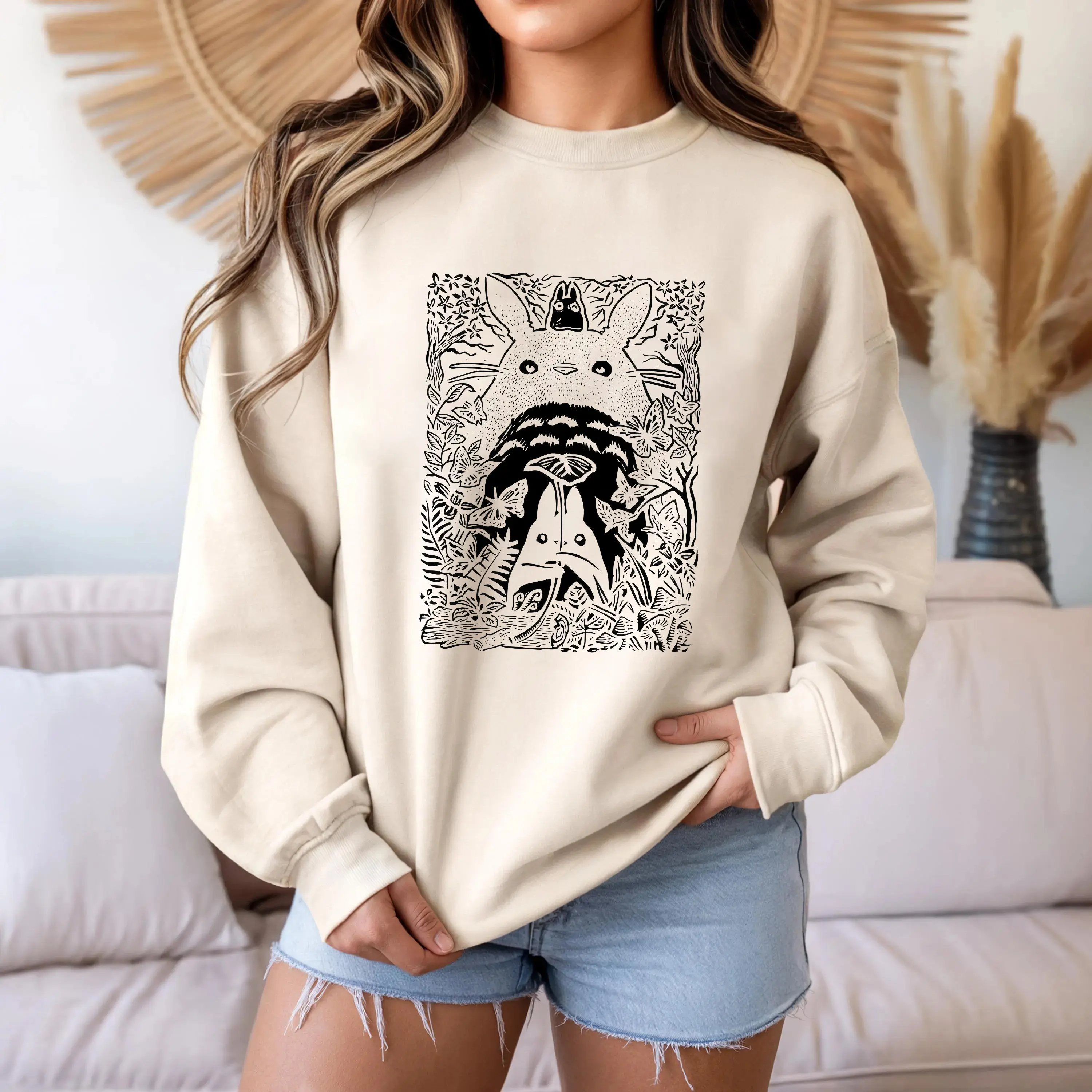 Vintage My Neighbor Totoro Sketch Sweatshirt, Studio Ghibli Anime Tee, Howls Moving Castle Shirts
