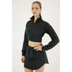 Cotton fleece quarter zip up high neck cropped skinny fit sweatshirt