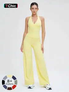 Women's Sporty Two-Piece Set, Backless Tight-Fitting Vest & High Waist Wide Leg Pants Set, Outdoor Running Sports Wear, Ideal for Yoga Gym Workout, Casual Comfy Fashion Daily Wear, Solid Tracksuits Set