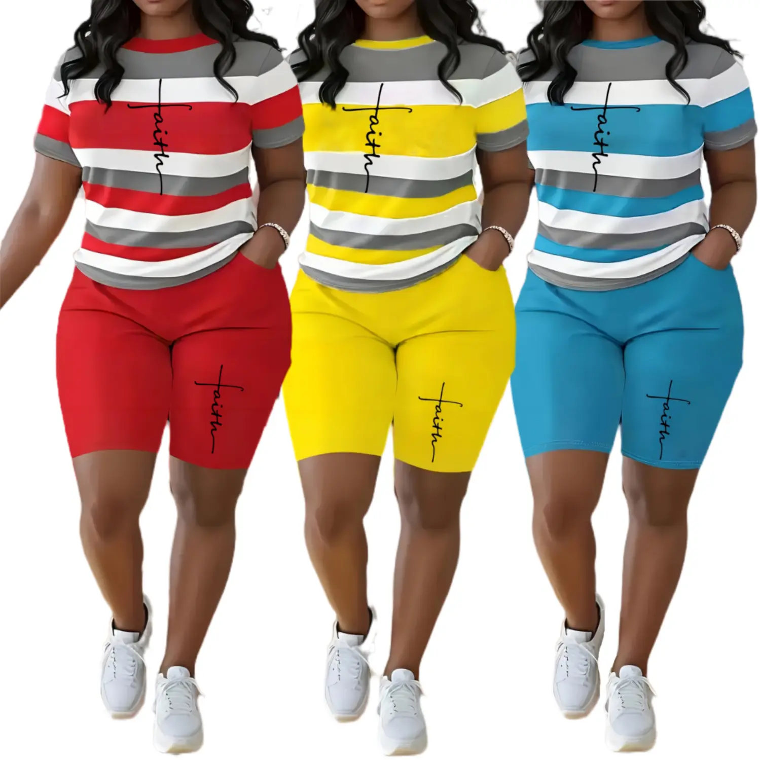 Plus Size Casual Shorts Set Color Block Crew Neck Short Sleeve Top & Solid Color Pocket Shorts Outfits For Spring & Summer 2 Piece Sets For Women Summer Striped Outfits Round Neck Track Suits Sweatsuits Women's Plus Size Clothing For Party