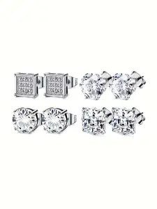 Men's Stainless Steel Hypoallergenic CZ Earrings Set, 4 Pairs Round & Square Designs, Durable Hypoallergenic Jewelry, Perfect for Daily Wear