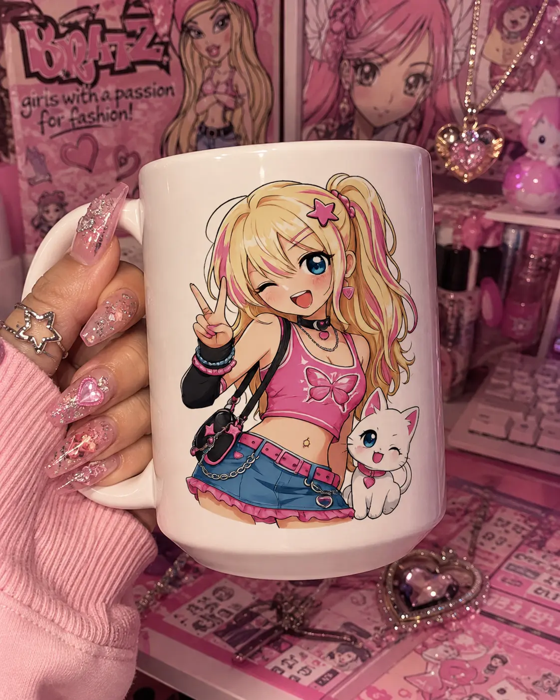 Anime Girly Mug | Cute Kawaii Coffee Cup | Pink Aesthetic Mug | Y2K Girly Gift | Kawaii Cat Mug | Anime Lover Gift | Cute Coffee Mug
