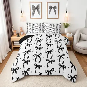 Feelyou Black Ribbon Bow Comforter Set - Coquette Bowknot Bedding Set for Teen Girls’ Bedroom Decor