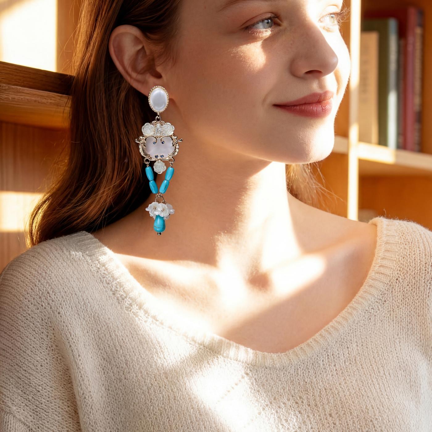 YEAHLOVE Boho Turquoise & Mother-of-Pearl Floral Drop Earrings  925 sterling silver posts — hypoallergenic, sensitive ears friendly. Vintage romantic statement style. Perfect for daily wear, parties, or gifting.