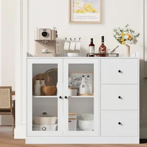 【Christmas Gift】Buffet Cabinet with Storage 43 inch Modern Sideboard Kitchen Cabinet with Guardrail Design and Adjustable Shelves and 3 Drawers Wood Buffet Table for Kitchen Dining Room White
