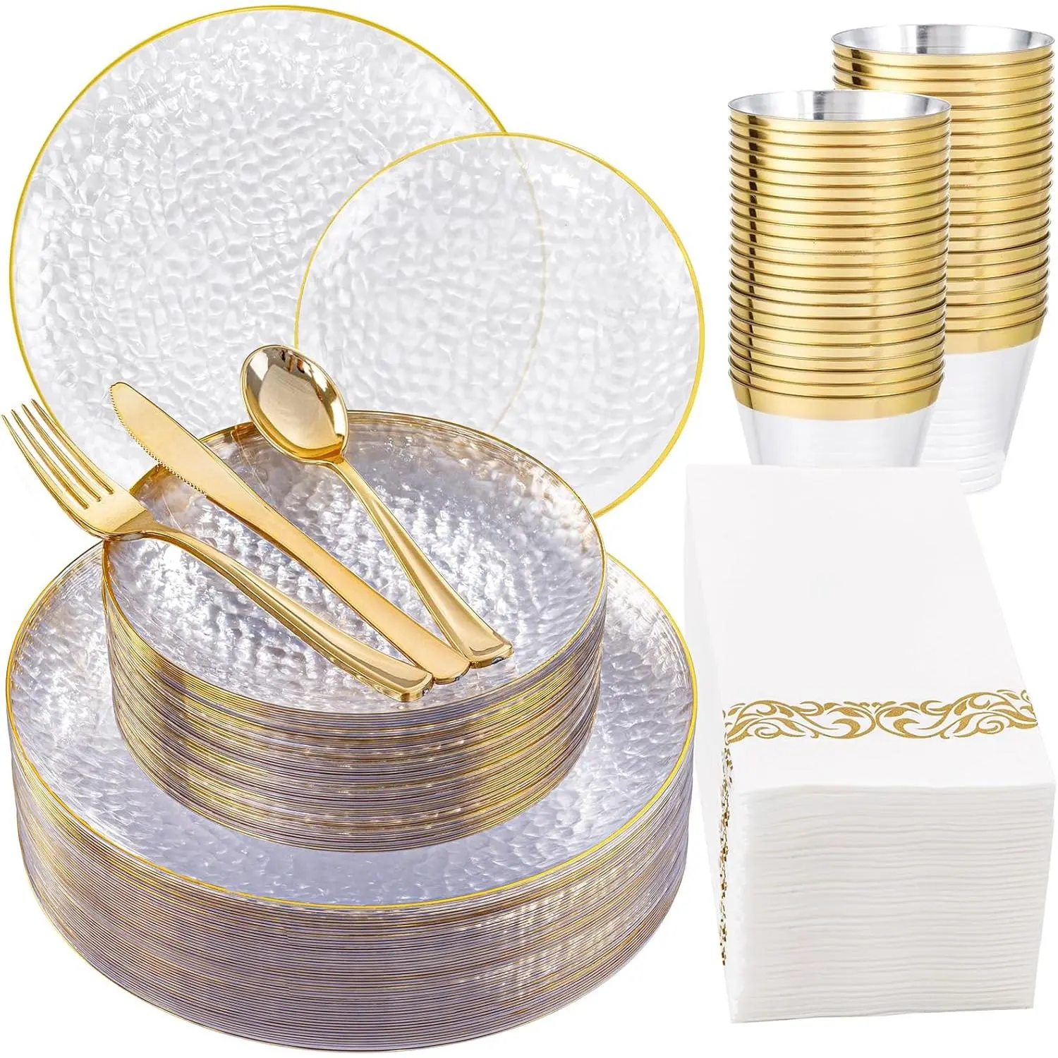 175 count Clear  Plastic Dinnerware Set for 25 Guests, Hammered Disposable Plates for Party, Include: 25 Dinner Plates, 25 Dessert Plates, 75  Silverware, 25 Napkins, 25 Cups