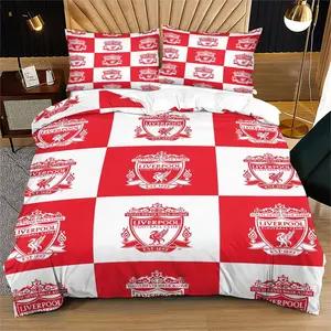 Liverpool Football Club logo quilt cover, checkered pattern, suitable for bedroom decoration gifts for fans, youths, and adults, including 1 quilt cover and 1 or 2 pillowcases, excluding quilt and pillow cores, Quilt Bedding Set