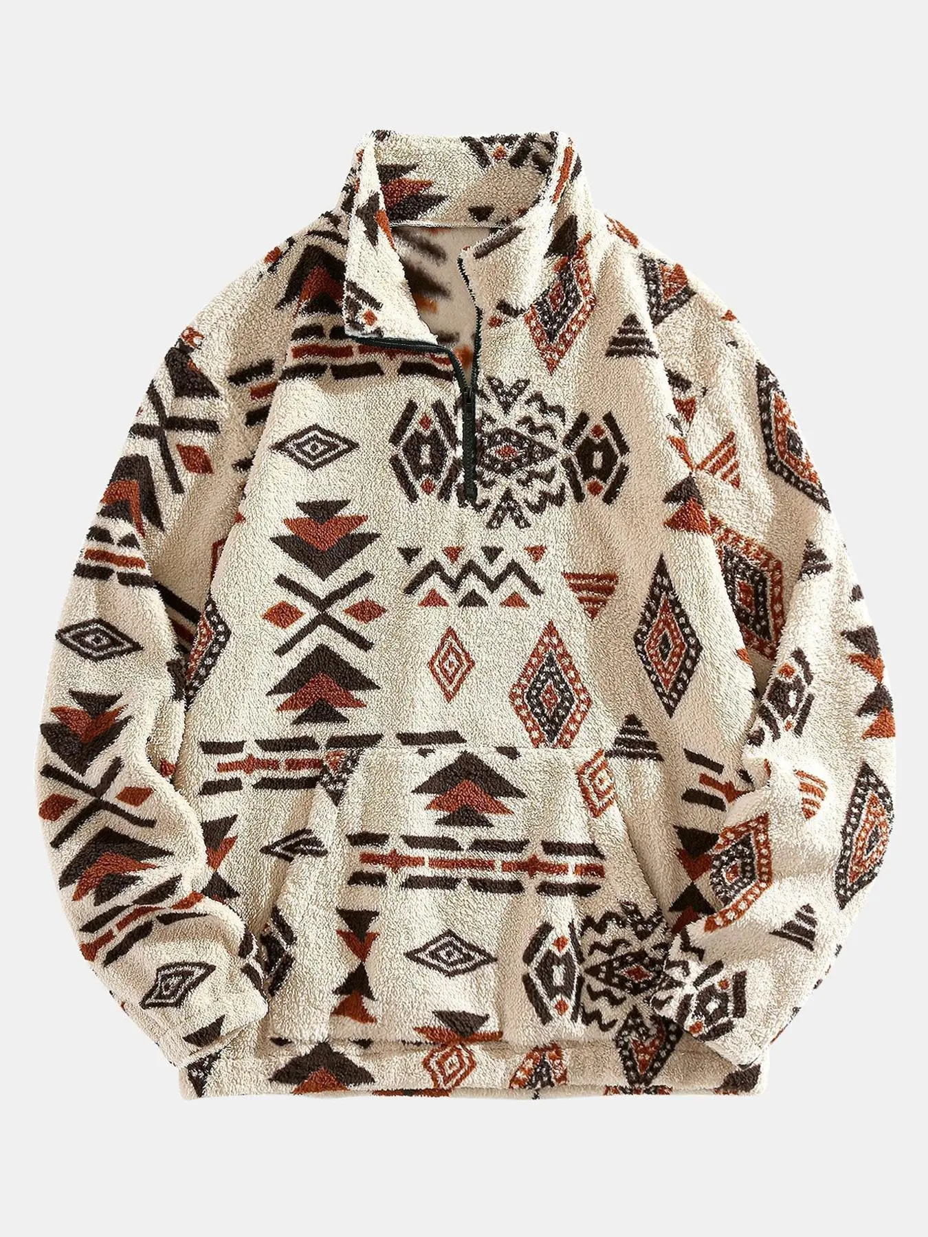 Men's Random Navajo Pattern Print Zip Up Fleece Sweatshirt, Loose Casual Long Sleeve Half Zip Pullover for Fall & Winter, Men's Clothes for Daily Wear, Casual Fashion Sweatshirt, Cozy Sweatshirts, Tops