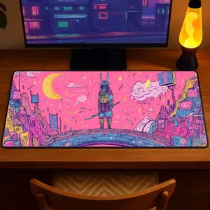 Cyber Samurai Desk Mat - Neon Synthwave Cityscape, XXL Gaming Mousepad for Computers & Office Use