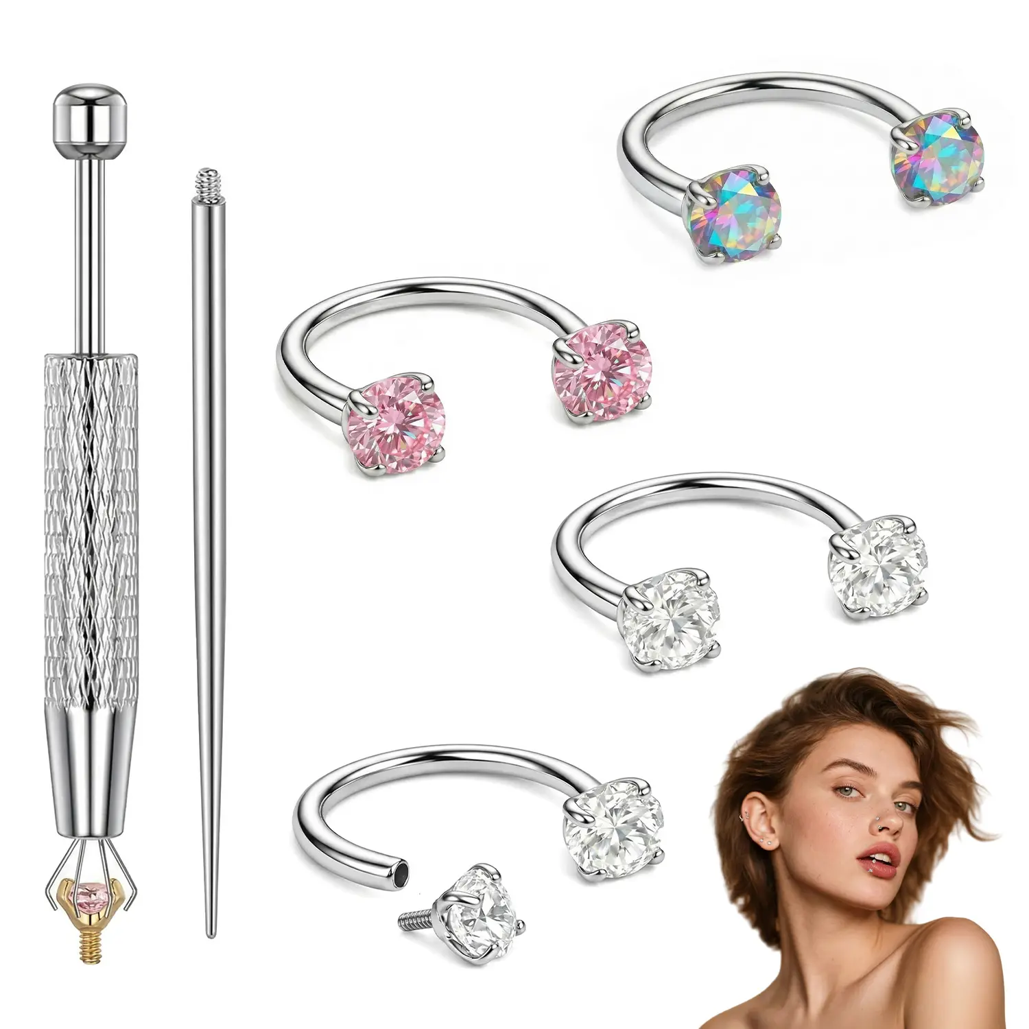Sicbumi 4-Pack 20G 8mm Stainless Steel Half Hoop Nose Rings, Gemstone Horseshoe Septum Jewelry, Internally Threaded, Smooth Finish, 3mm, Unisex Body Jewellery, Comfortable for Long Time Wear