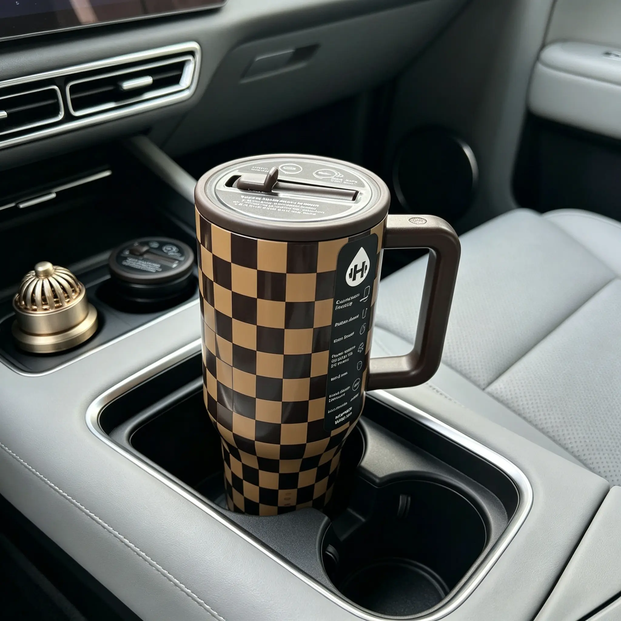 Hydrojug 40 oz Brown Checkerboard Insulated Tumbler - Insulated Drinkware Tumbler Vacuum Flask with Straw, Large Capacity for Fall/Winter Commute & Office Use, Elegant Valentine Gift for Girls, Tumbler Vacuum Flasks