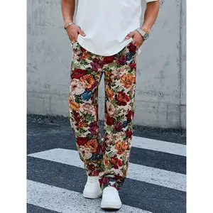 Men’s floral print straight-leg pants, regular fit, casual and comfortable bohemian street trousers for outdoor wear—men’s bottoms suitable for all seasons