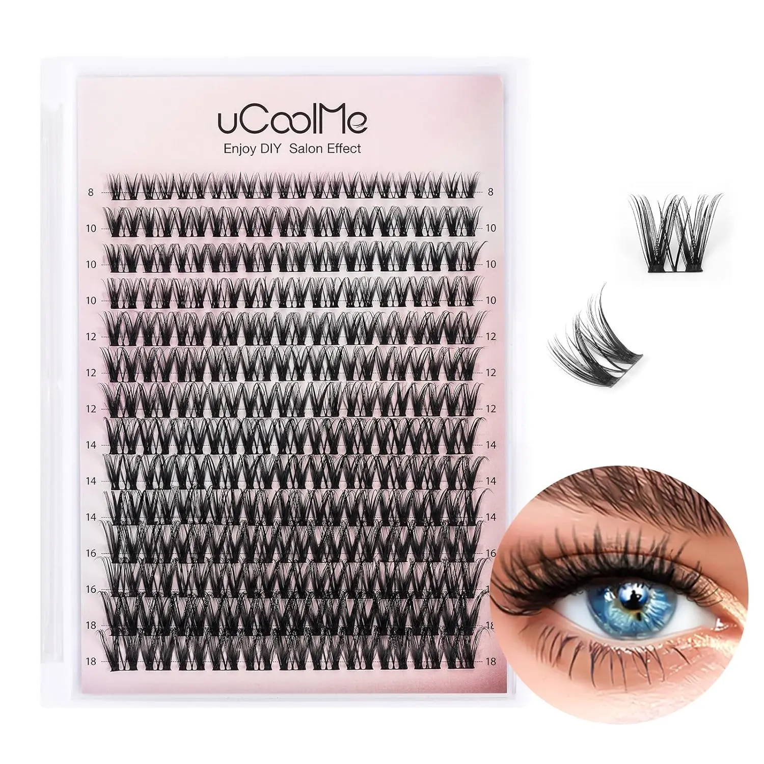 uCoolMe 8-18mm Light-Volume Wispy Eyelash Clusters D Curl - DIY Eyelash Extension Spiky Cat Eye Lashes Individual Fake Eyelashes Clusters with 0.05mm Ultra-Thin Black Band Makeup Cosmetic