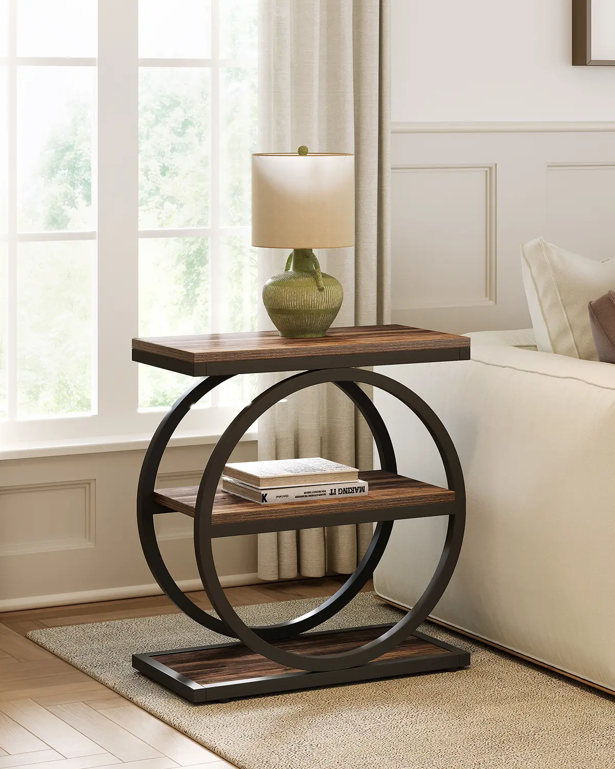 Tribesigns End Table, 3-Tier Side Table, Slim Sofa Side Table for Living Room, Tall Bedside Table Nightstand for Bedroom, Rustic Brown and Black smart nightstand caketablefabric