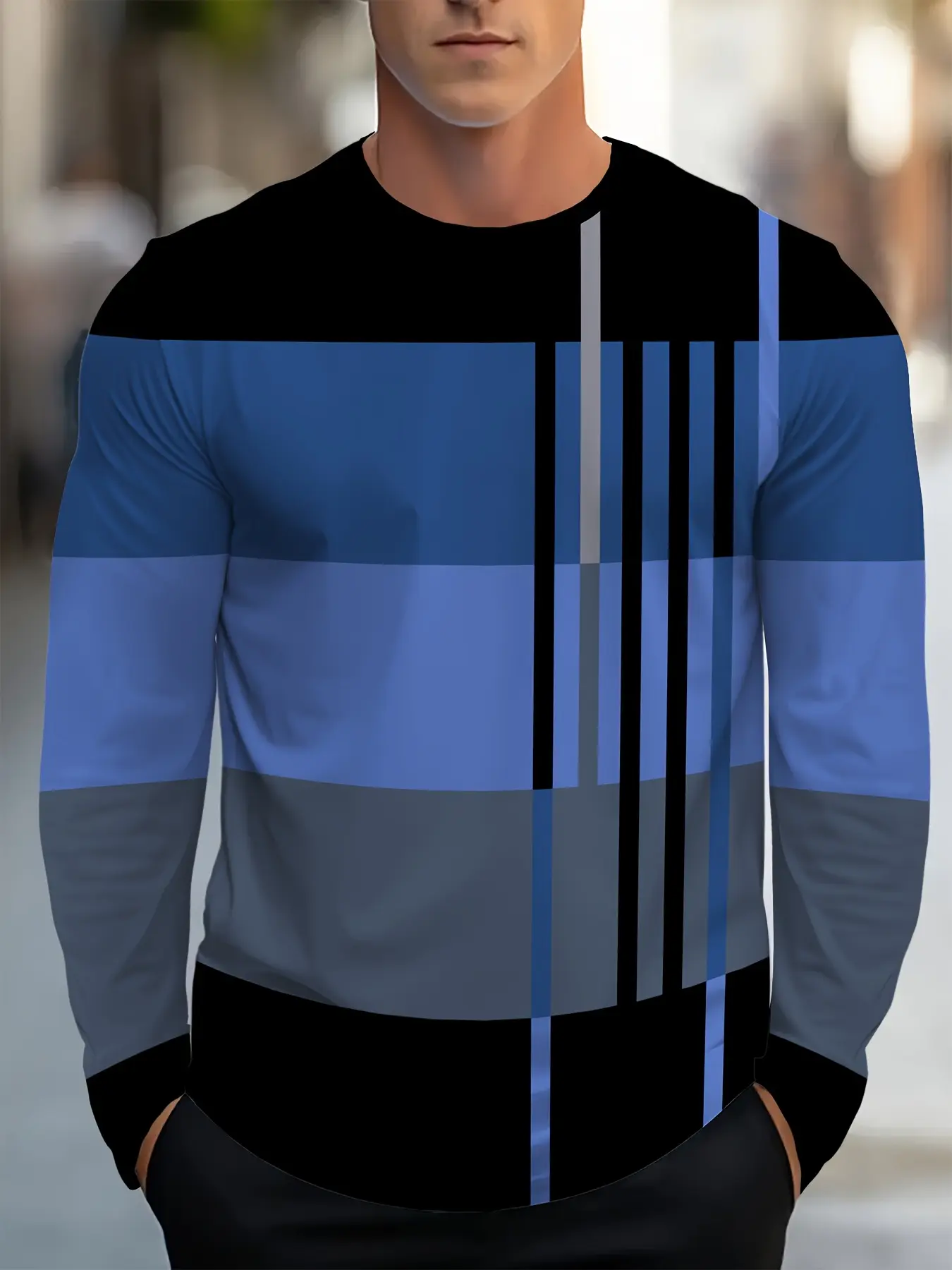 Men's Casual Sporty T-Shirt, Breathable Striped Geometric Pattern, Round Neck Long Sleeve Top, All Seasons Fitted Style, Fitted Design Activewear, Activewear t shirt, Athletic T Shirt, Breathable Workout Tops, Fitness T Shirt, Casual Sportswear