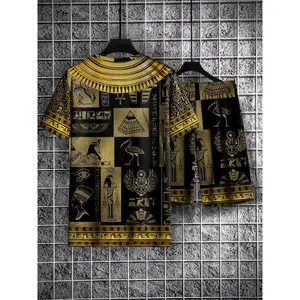 GGOR 2pcs, Men's Egyptian Theme Print Short Sleeve T-shirt And Shorts